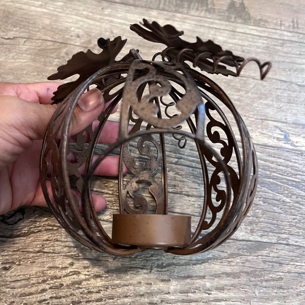Rustic Bronze Metal Pumpkin Tea Light Candle Holder Fall Autumn Decor Scrollwork